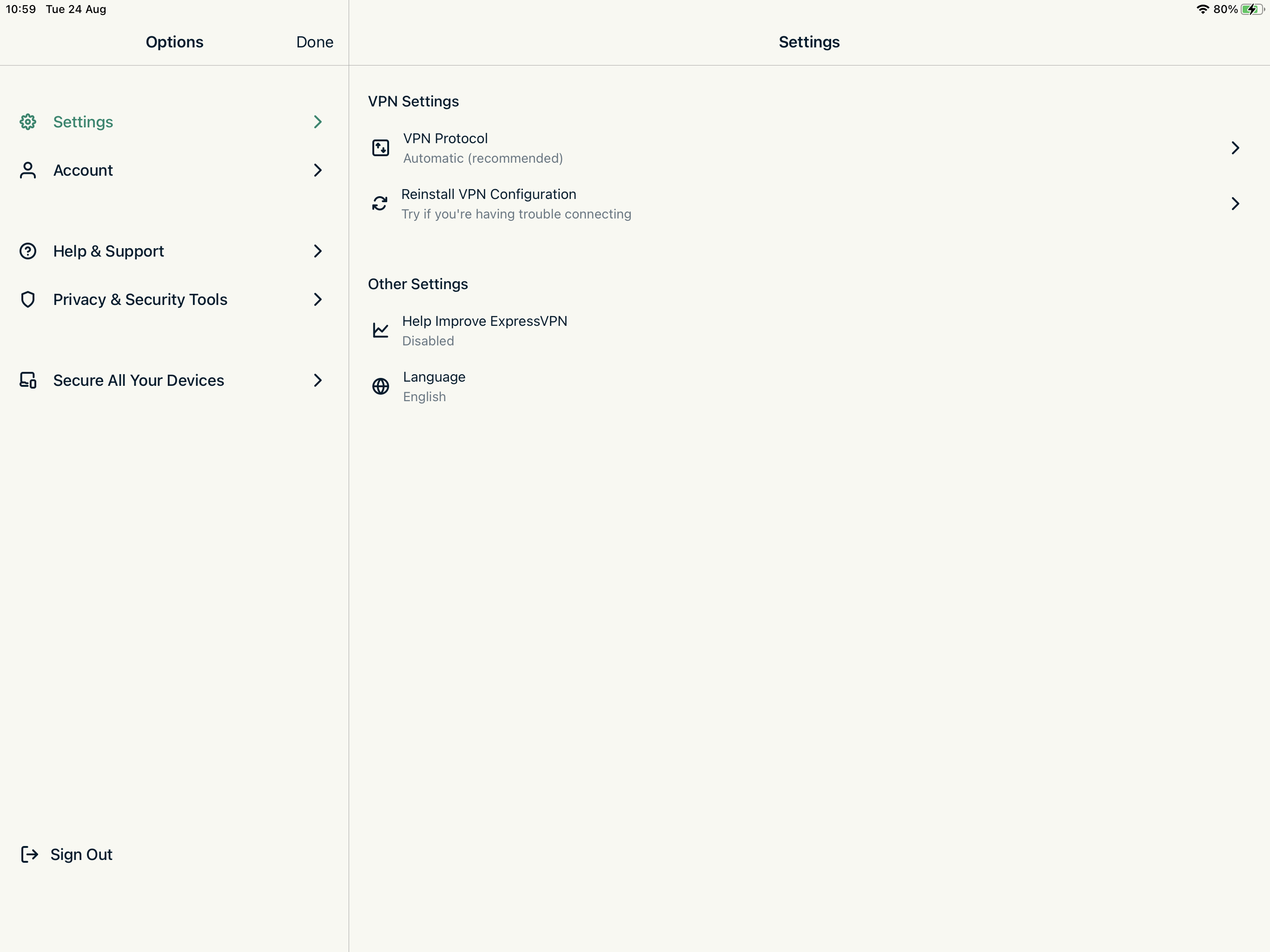 Screenshot of the settings options in the iOS App